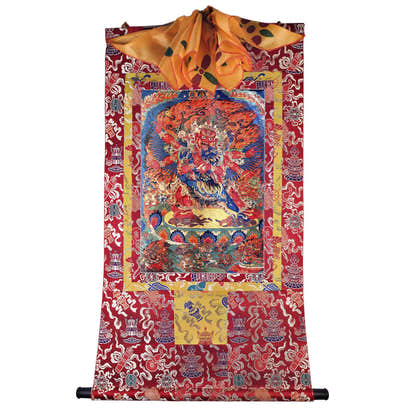 Vajrakilaya in Yab Yum Thangka - Tibetan thangka painting, detailed view