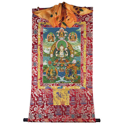 Chenrezig - Tibetan thangka painting, detailed view