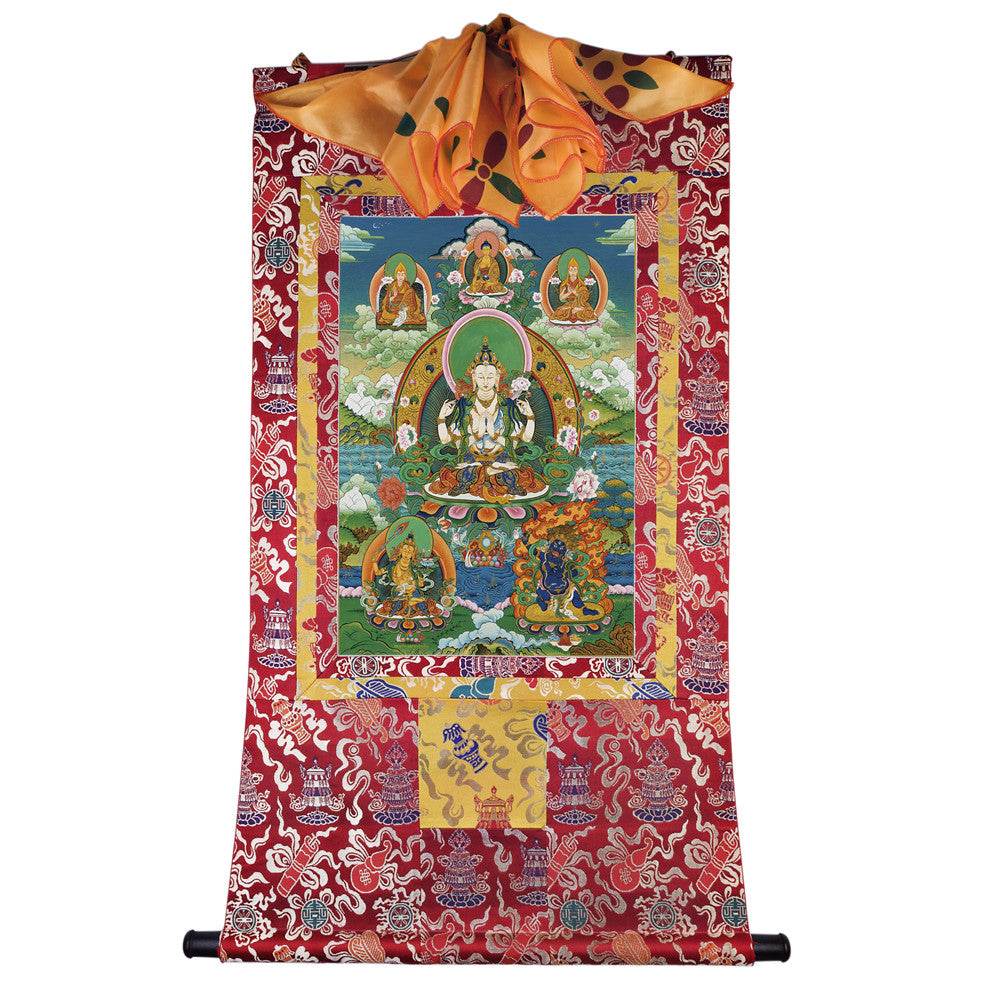 Chenrezig - Tibetan thangka painting, detailed view