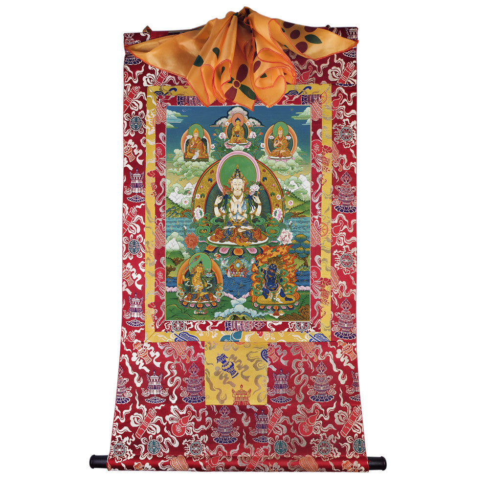 Gandhanra Tibetan Thangka Art - Chenrezig - Padmapani - from Kathok Monastery - Giclee Print with Mineral Pigments