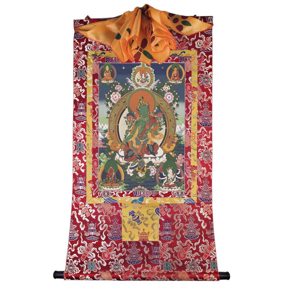 Green Tara - Tibetan thangka painting, detailed view