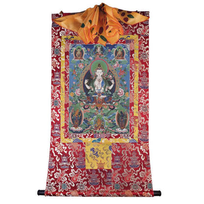 Chenrezig - Tibetan thangka painting, detailed view