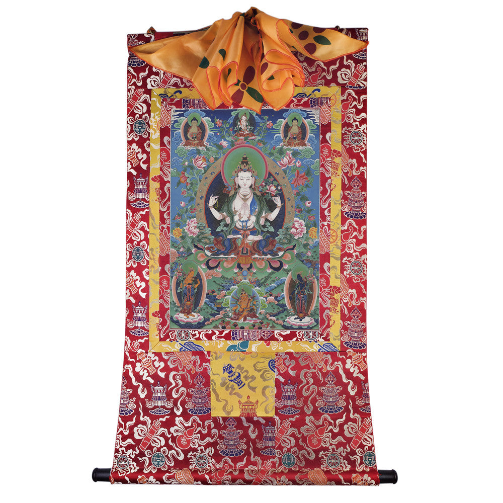 Gandhanra Tibetan Thangka Art - Chenrezig - Padmapani - from Kathok Monastery - Giclee Print with Mineral Pigments