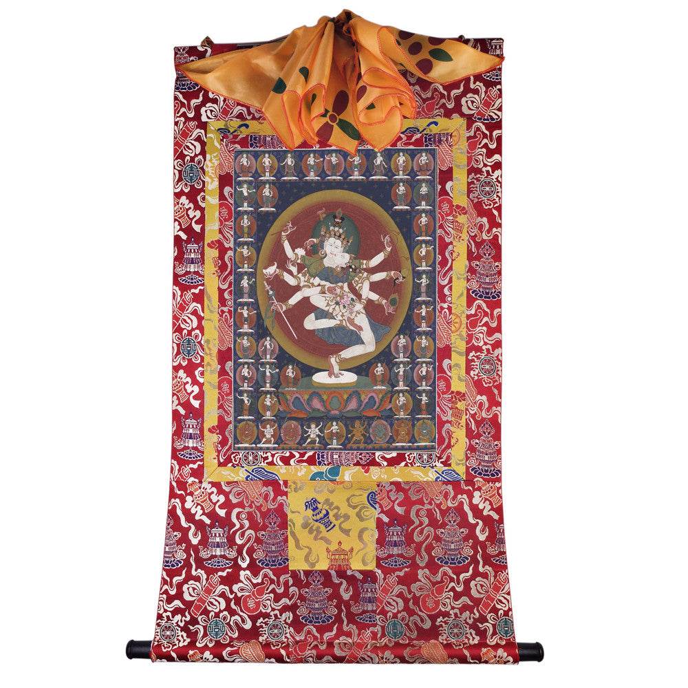 2-faced 8-armed Padmapani Padmajala - Tibetan thangka painting, detailed view