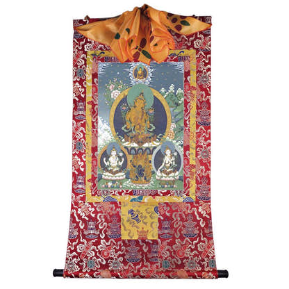 Manjushri Chenrezig Vajrapani - Tibetan thangka painting, detailed view