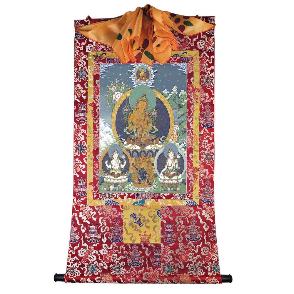 Manjushri Chenrezig Vajrapani - Tibetan thangka painting, detailed view