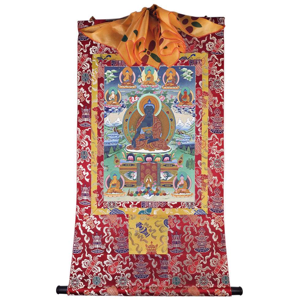 Bhaisajyaguru - Eight Medicine Buddhas - Tibetan thangka painting, detailed view