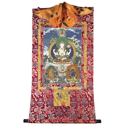Chenrezig - Tibetan thangka painting, detailed view