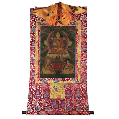 Tsongkhapa and His 2 Disciples - 17th Century - Tibetan thangka painting, detailed view