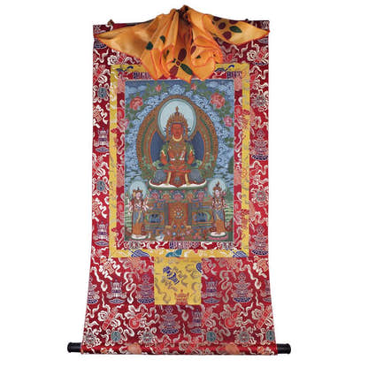 Amitayus - the Buddha of Longevity - Tibetan thangka painting, detailed view