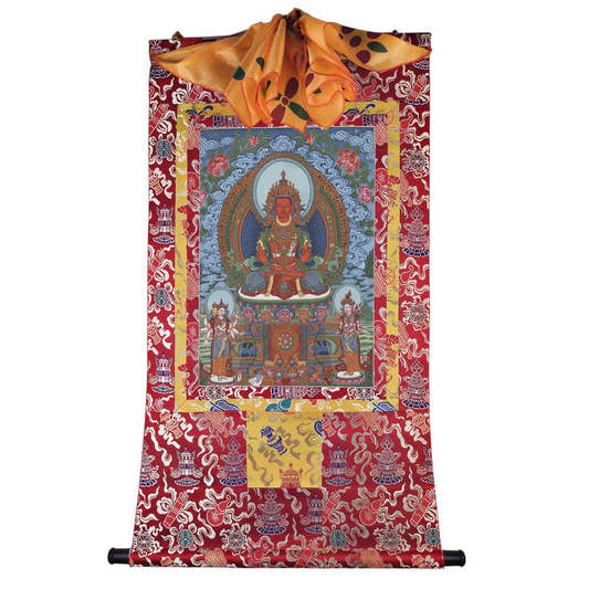 Amitayus - the Buddha of Longevity - Tibetan thangka painting, detailed view
