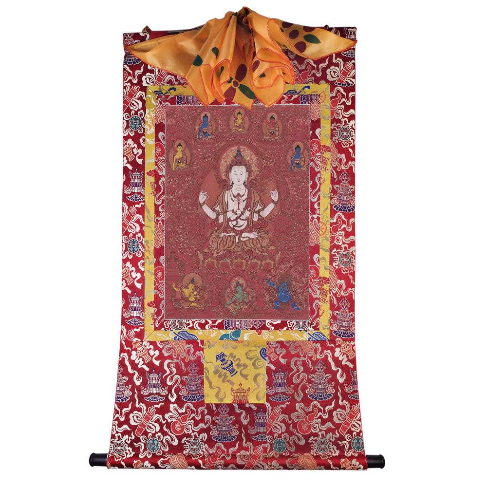 Chenrezig - Tibetan thangka painting, detailed view