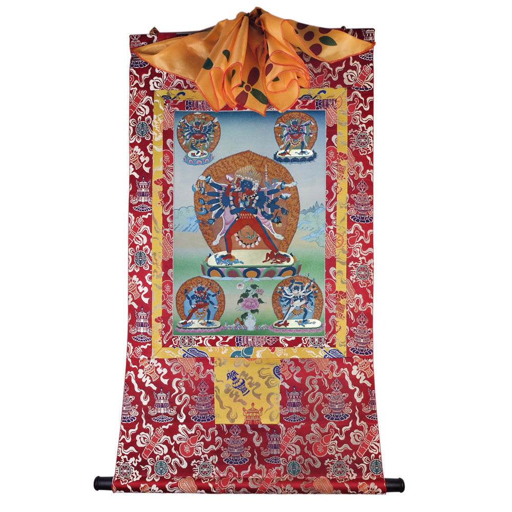 Vajrabhairava / Yamantaka - 17th Century Old Version - Tibetan thangka painting, detailed view