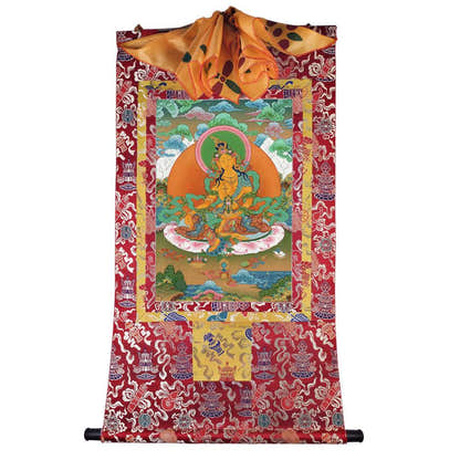 Green Tara - Tibetan thangka painting, detailed view