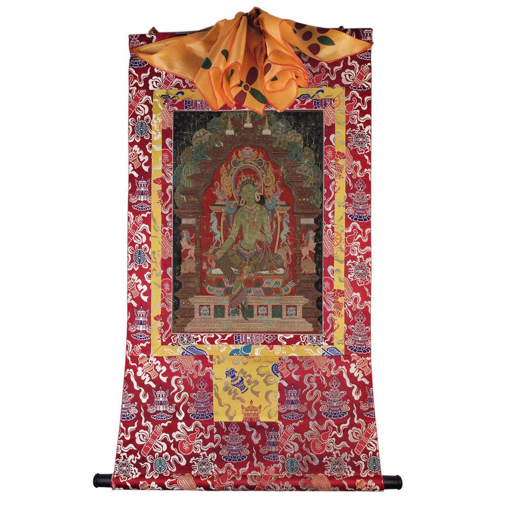 Green Tara - 13th Century - Tibetan thangka painting, detailed view