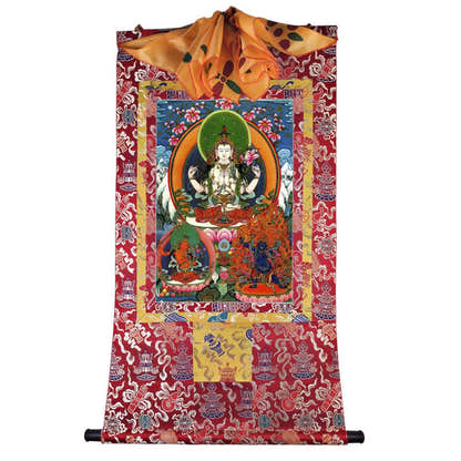 Chenrezig - Tibetan thangka painting, detailed view