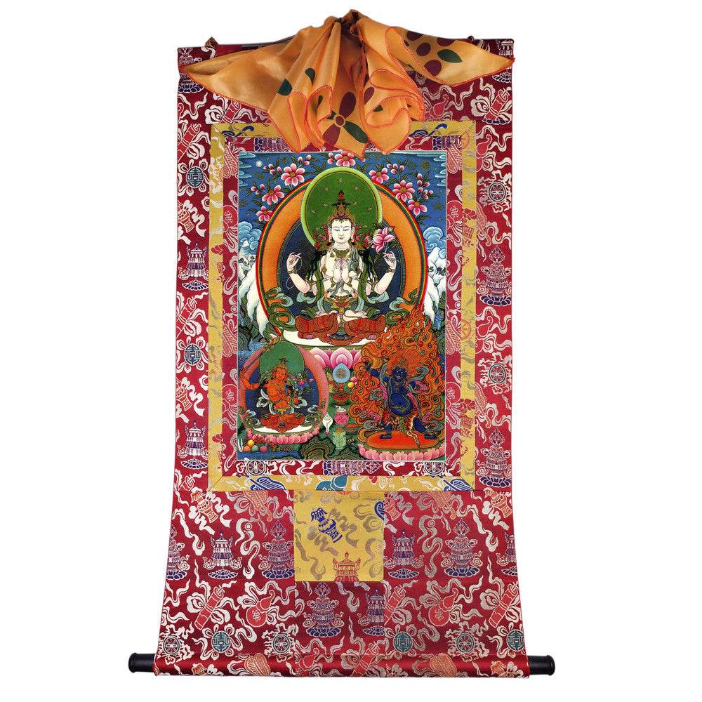 Chenrezig - Tibetan thangka painting, detailed view