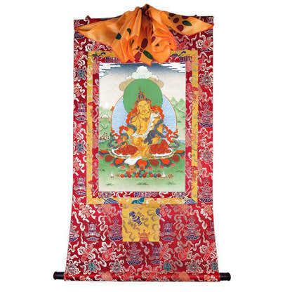 Yellow Jambhala - Tibetan thangka painting, detailed view