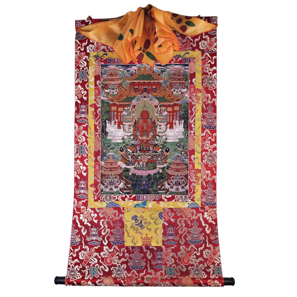 Amitayus - the Buddha of Longevity - Tibetan thangka painting, detailed view