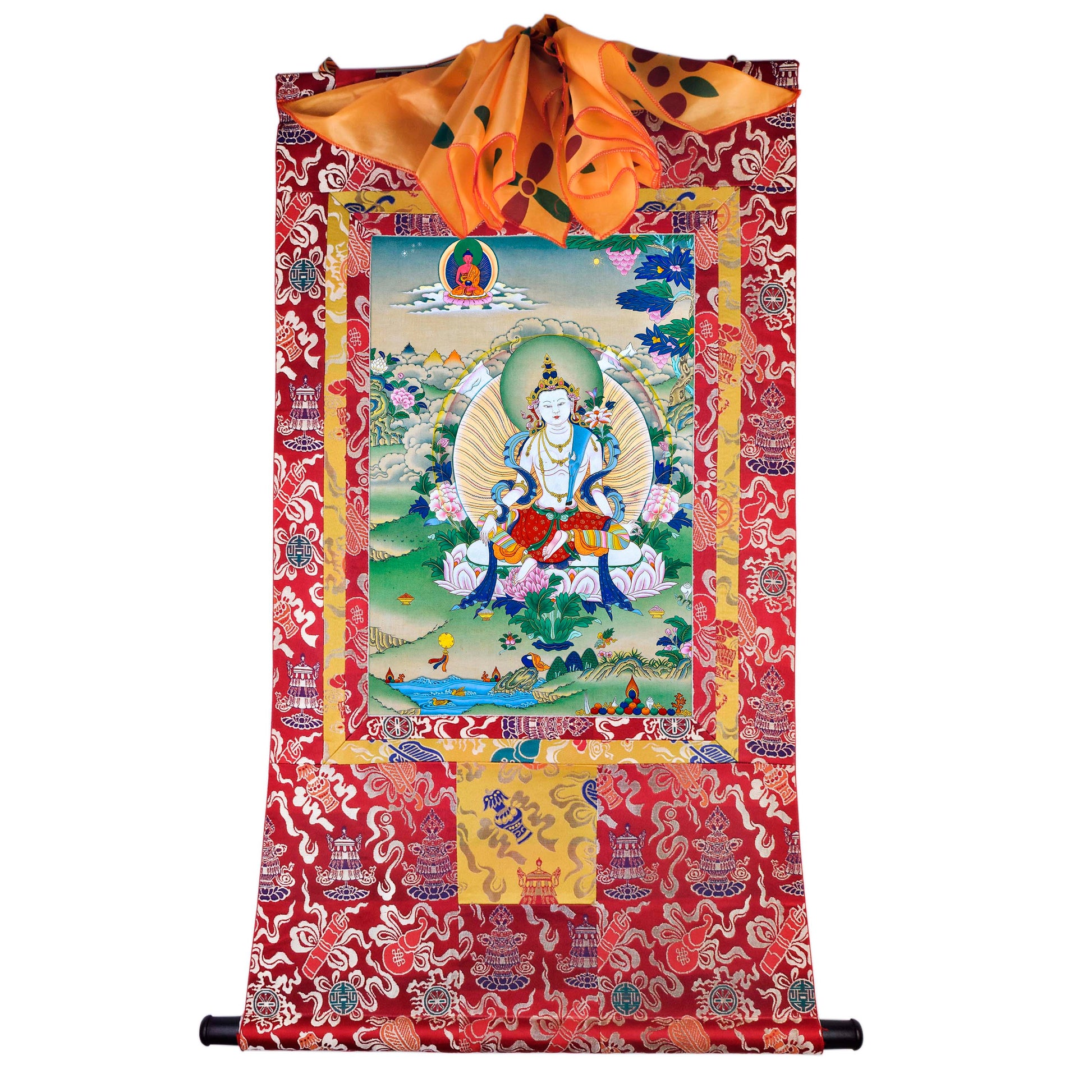 Gandhanra Hand Framed Tibetan Thangka Art,White Tara, Buddhist Tapestry,Giclee Print with Mineral Pigments,48" × 32"