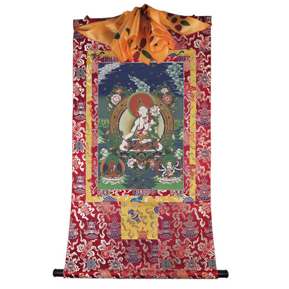 Gandhanra Hand Framed Tibetan Thangka Art,White Tara, Buddhist Tapestry,Giclee Print with Mineral Pigments,48" × 32"