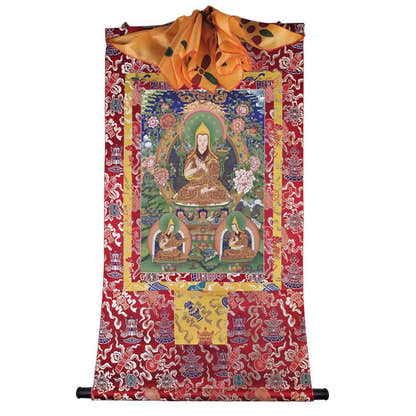 Tsongkhapa and His 2 Disciples - Tibetan thangka painting, detailed view
