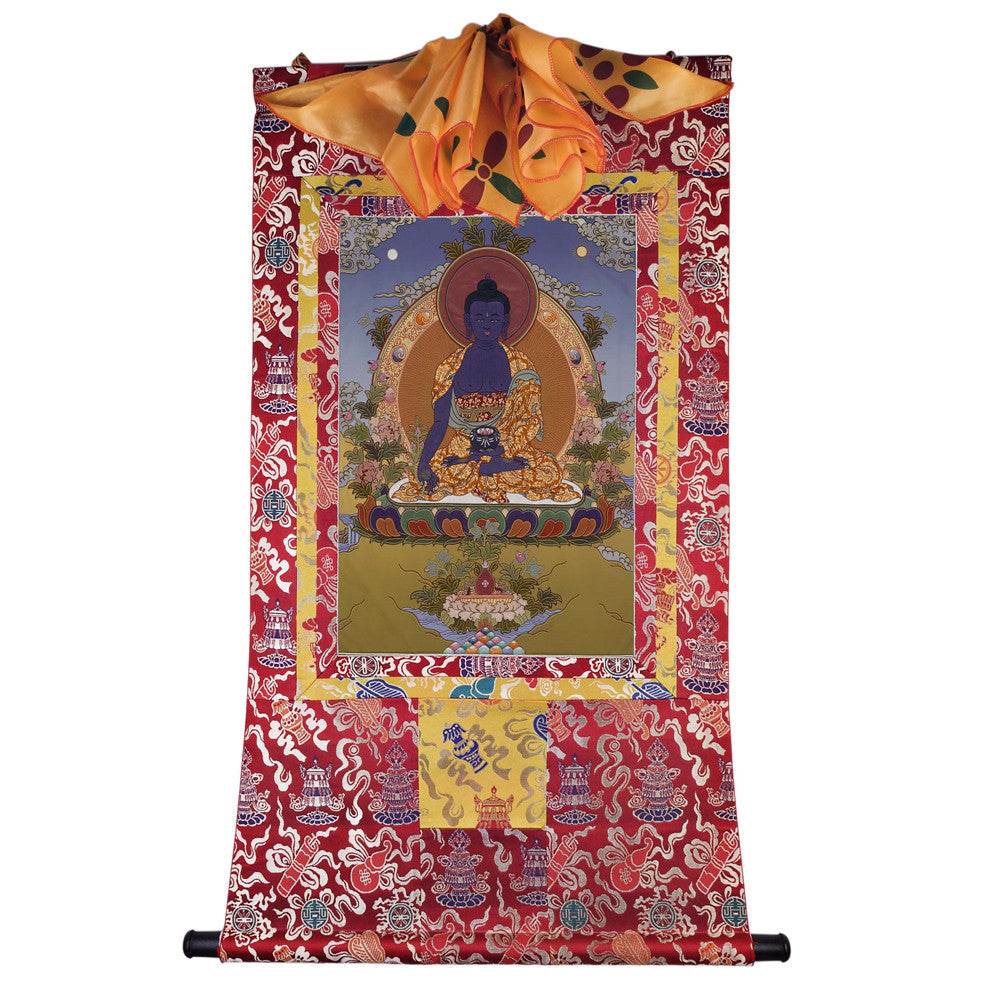 Bhaisajyaguru - Medicine Buddha - Tibetan thangka painting, detailed view