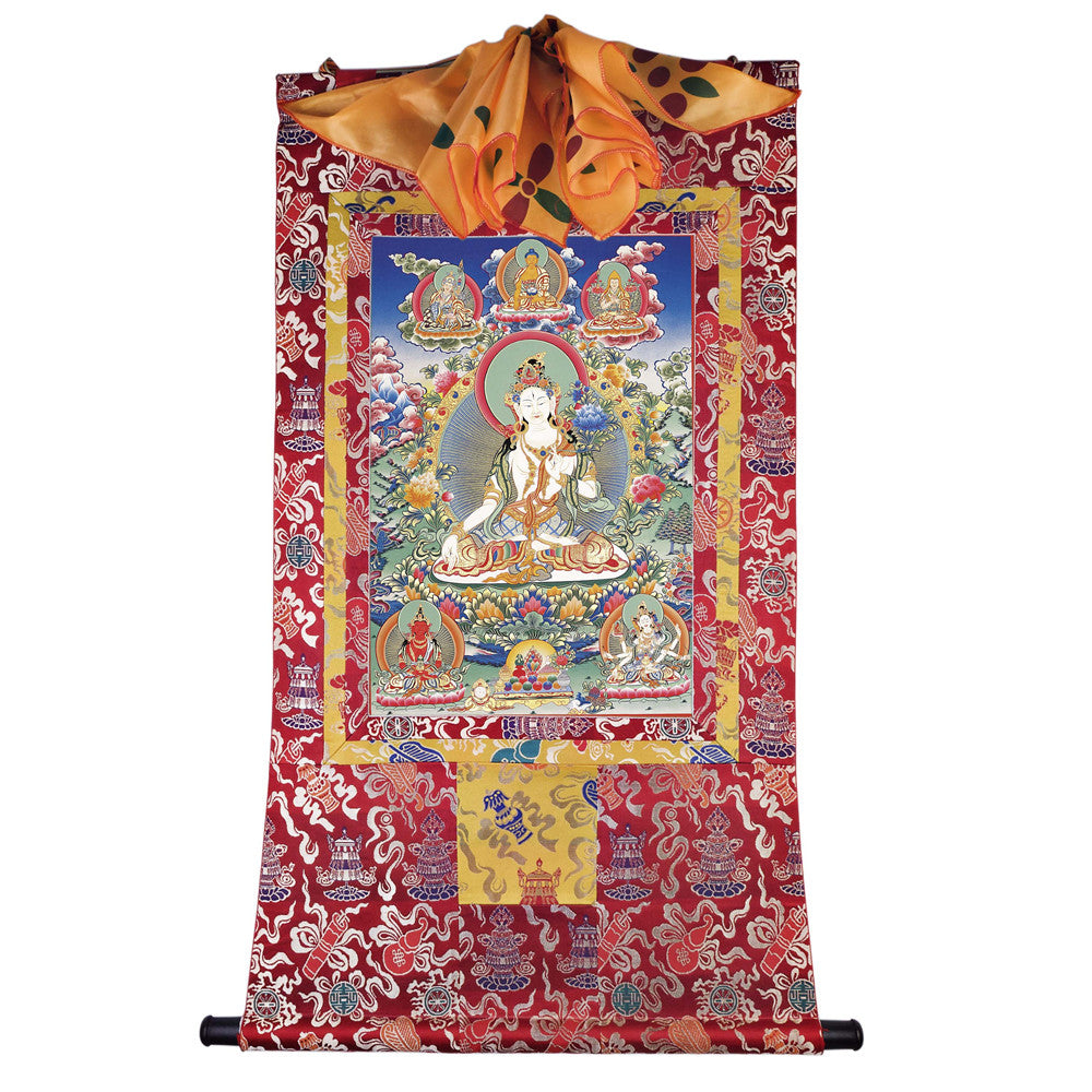 Gandhanra Hand Framed Tibetan Thangka Art,White Tara, Buddhist Tapestry,Giclee Print with Mineral Pigments,48" × 32"