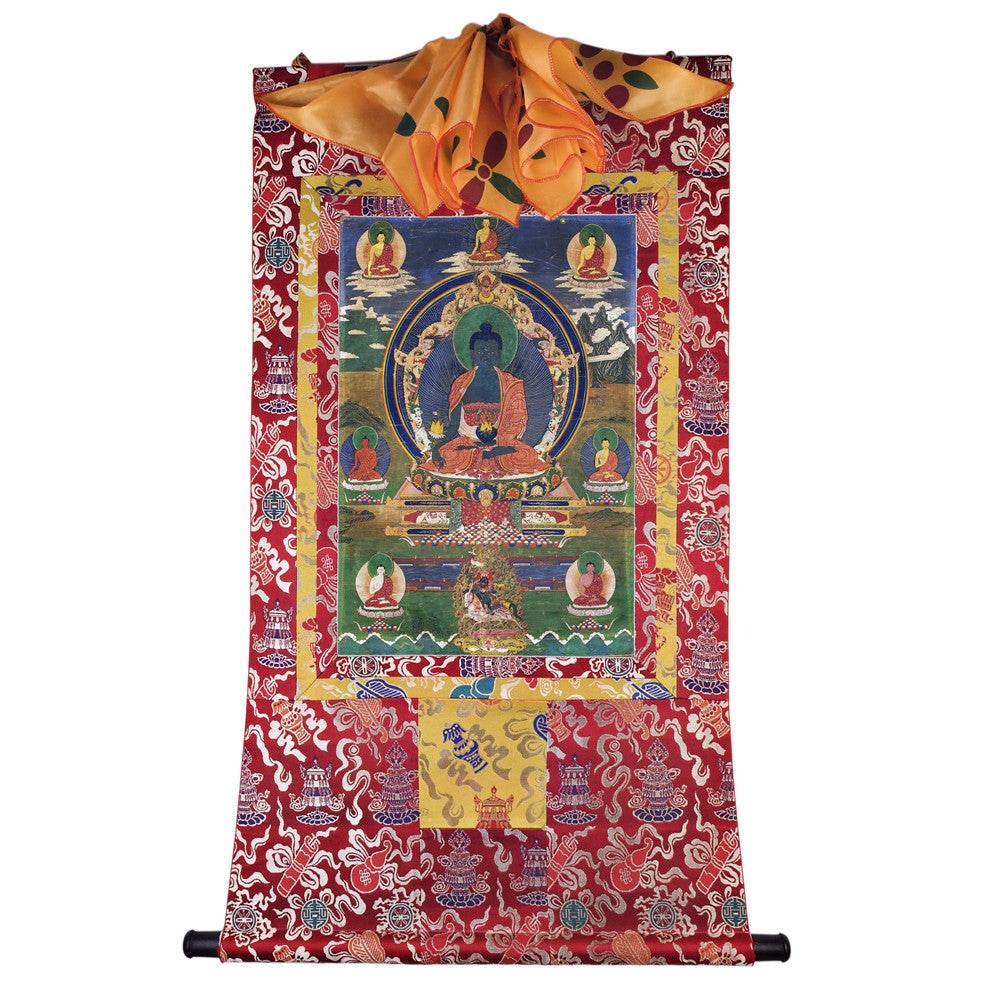 Bhaisajyaguru - Medicine Buddha - Tibetan thangka painting, detailed view