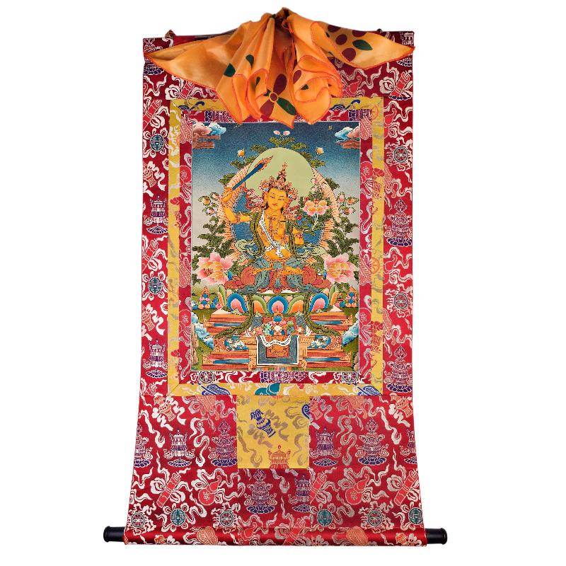 Manjusri - Tibetan thangka painting, detailed view