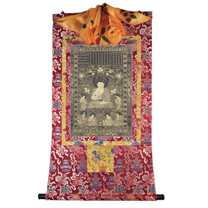 Kanakamuni Buddha - Tibetan thangka painting, detailed view