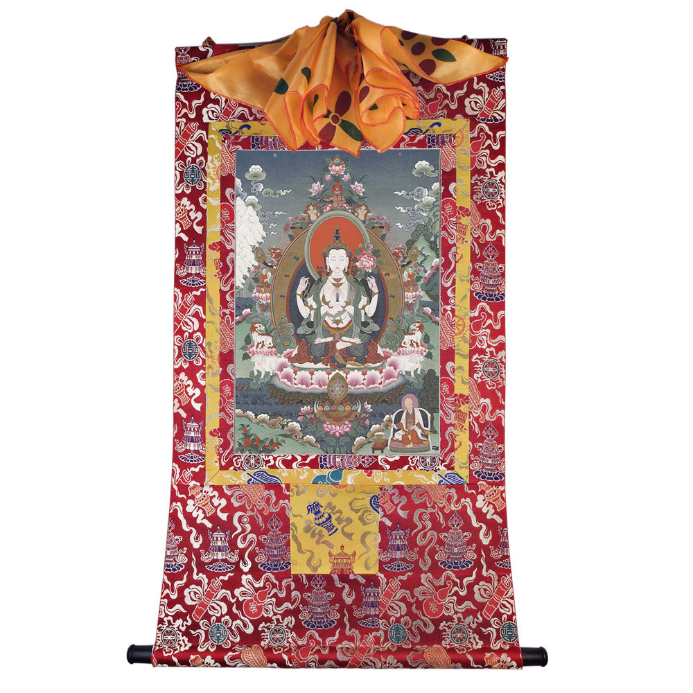 Gandhanra Tibetan Thangka Art - Chenrezig - Padmapani - from Kathok Monastery - Giclee Print with Mineral Pigments