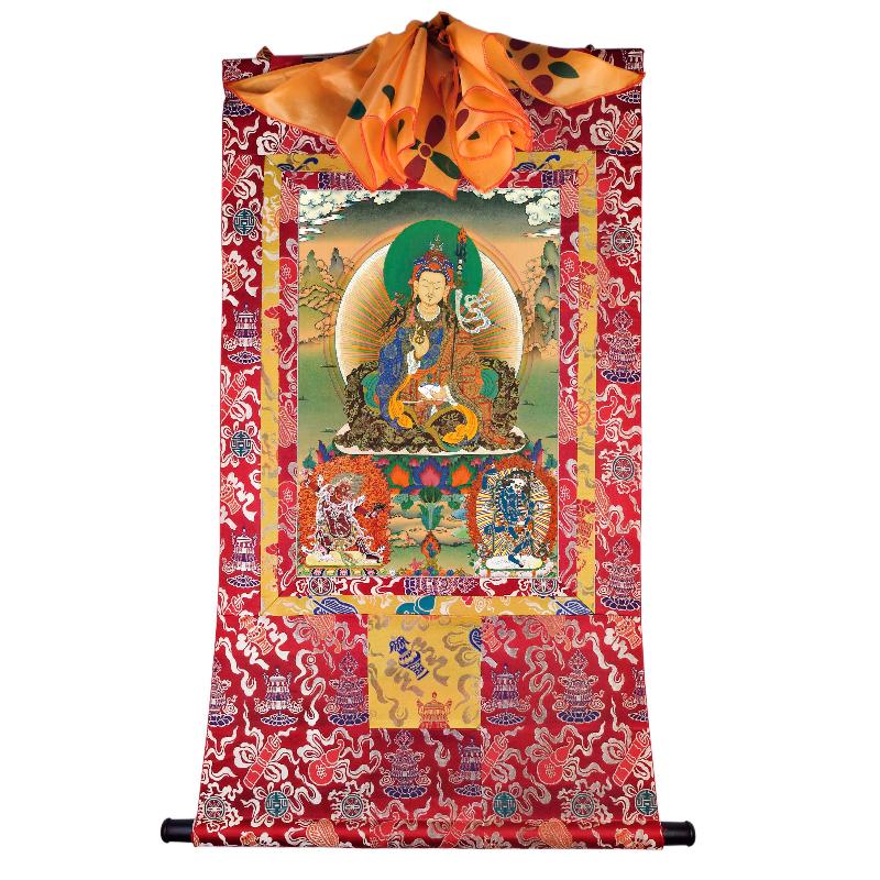 Gandhanra Handmade Thangka - Padmasambhava - Guru Rinpoche with King Trisong Detsen & Shantarakshita - from Kathok Monastery