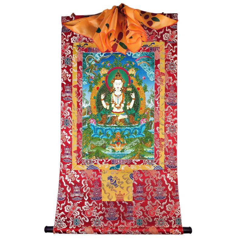 Chenrezig - Tibetan thangka painting, detailed view