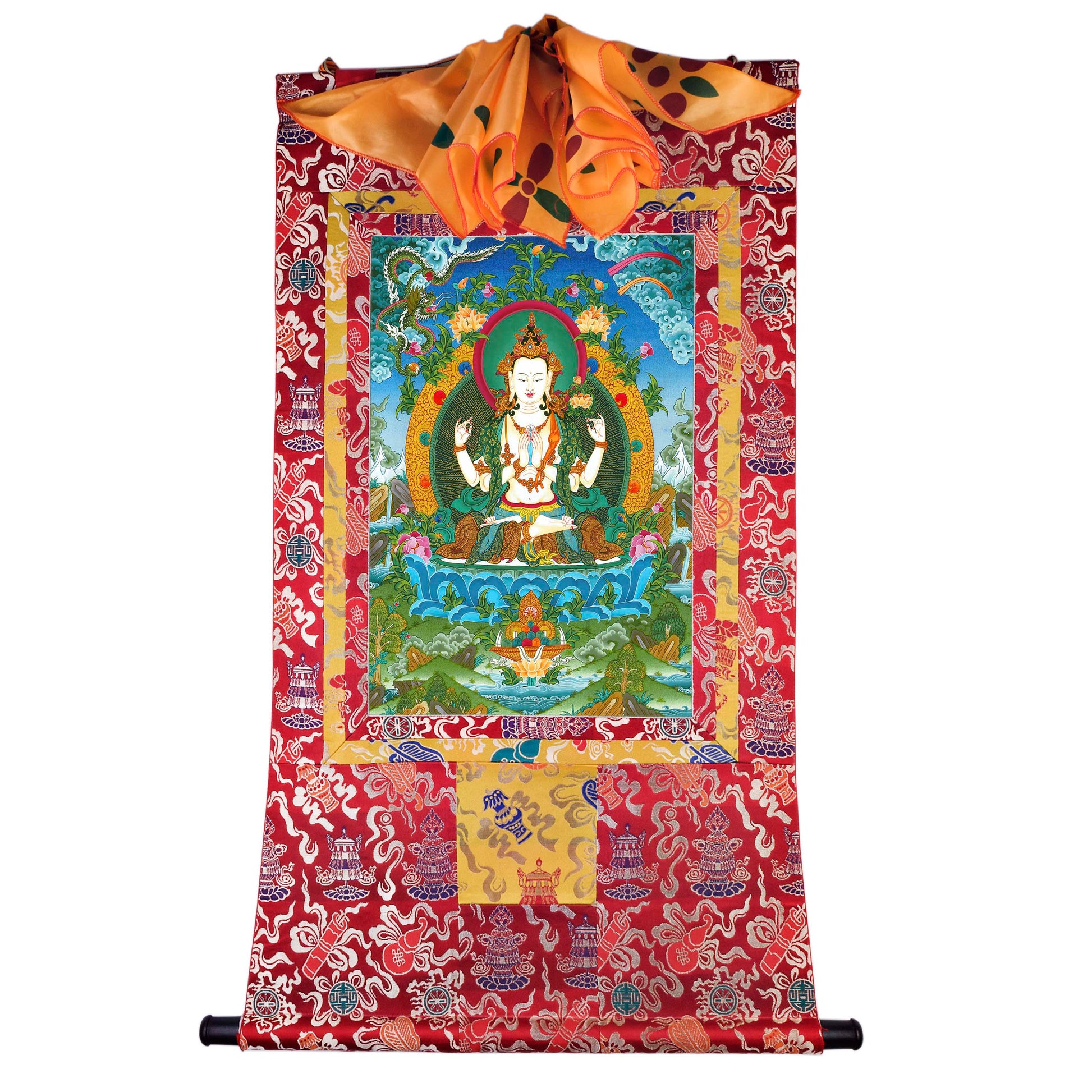 Gandhanra Tibetan Thangka Art - Chenrezig - Padmapani - from Kathok Monastery - Giclee Print with Mineral Pigments