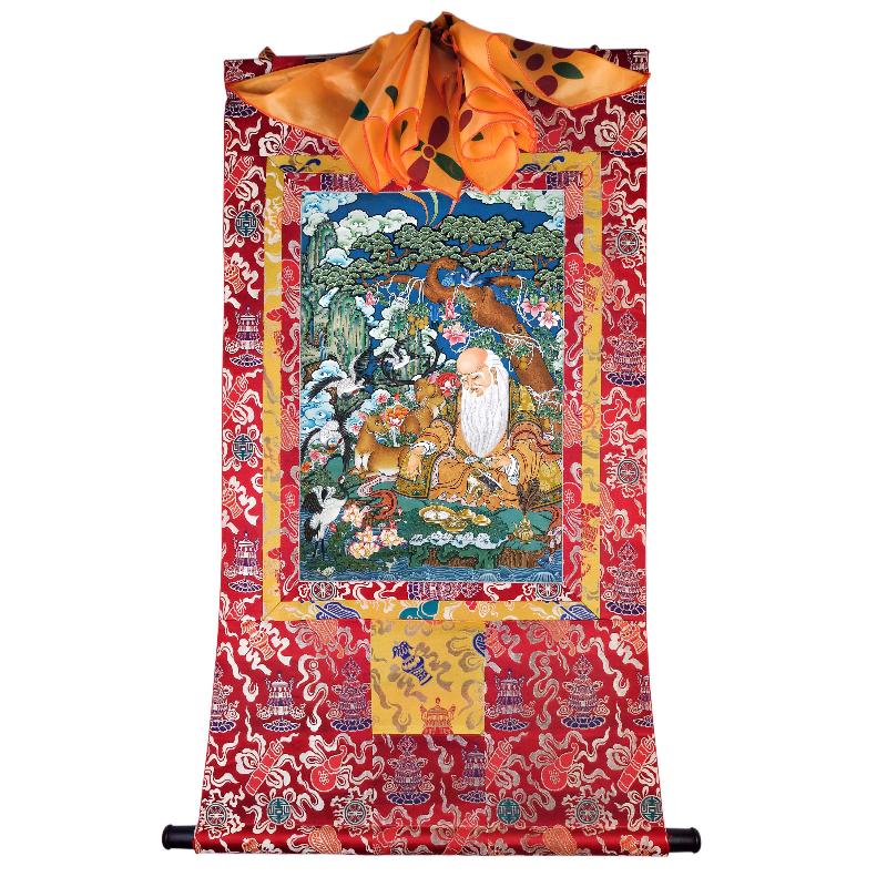 Gandhanra Tibetan Thangka Art -  Fulushou - God of Longevity - from Kathok Monastery - Giclee Print with Mineral Pigments