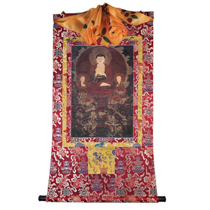 Shakyamuni and the Four Heavenly Kings - Tibetan thangka painting, detailed view