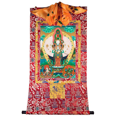 Gandhanra Tibetan Thangka Art - The Thousand-hand Avalokiteshvara - Great White Parasol - from Kathok Monastery - Giclee Print with Mineral Pigments