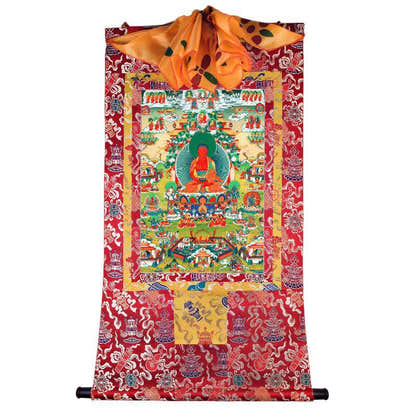 Amidabha in Pure Land - Tibetan thangka painting, detailed view