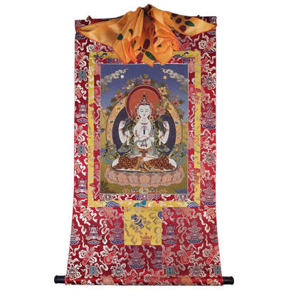 Chenrezig - Tibetan thangka painting, detailed view