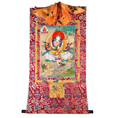 Saraswati དབྱངས་ཅན་མ། - Tibetan thangka painting, detailed view