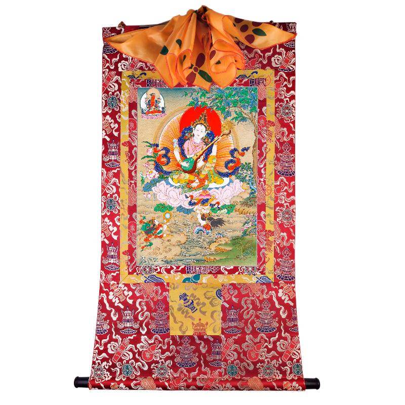 Saraswati དབྱངས་ཅན་མ། - Tibetan thangka painting, detailed view