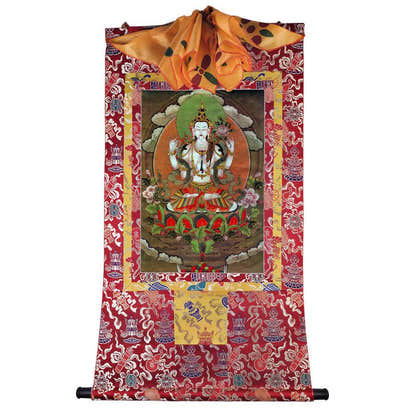 Chenrezig - Tibetan thangka painting, detailed view