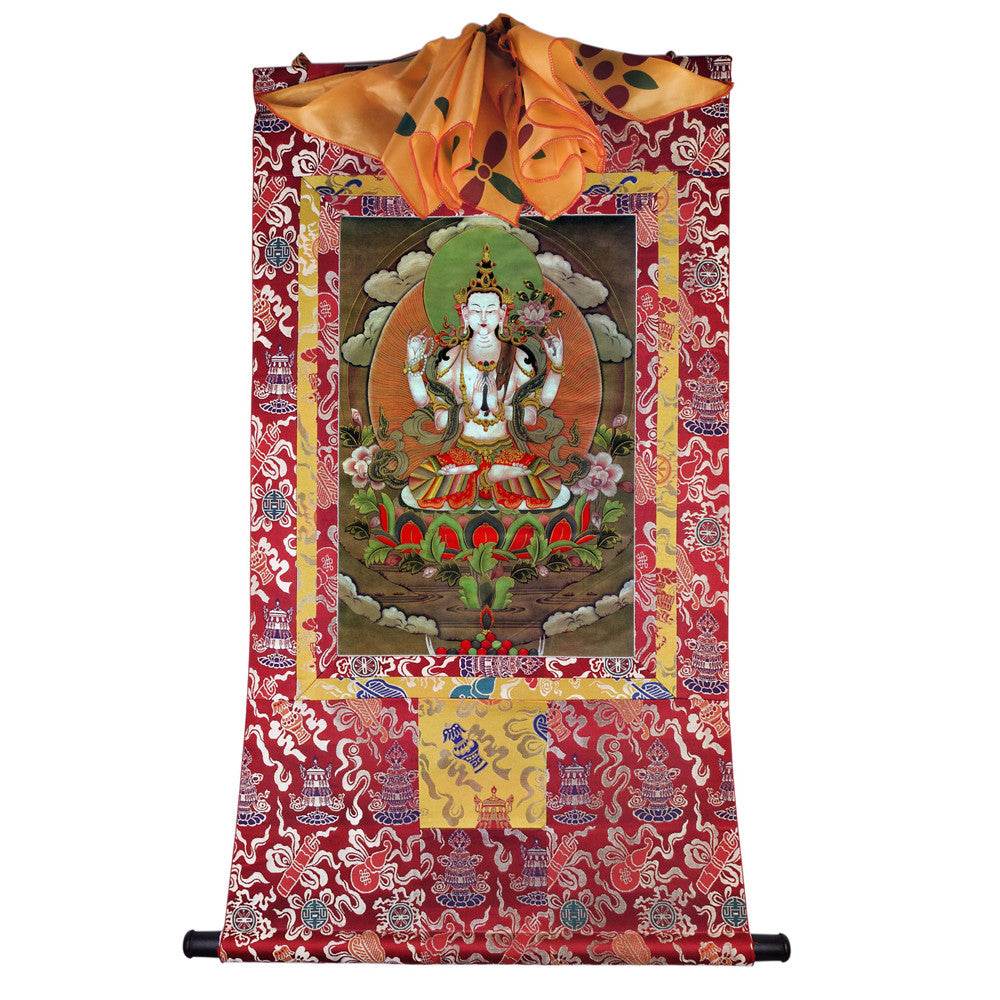 Chenrezig - Tibetan thangka painting, detailed view