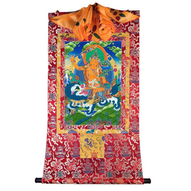 Manjushri on a Lion - Tibetan thangka painting, detailed view