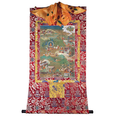 Biography of Shakyamuni Thangka - Tibetan thangka painting, detailed view