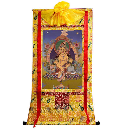 Yellow Jambhala - Tibetan thangka painting, close-up detail