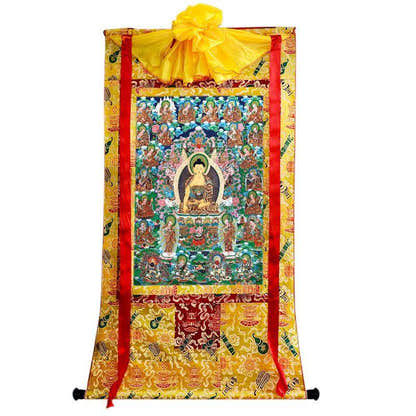 Shakyamuni and Eighteen Arhats - Tibetan thangka painting, close-up detail