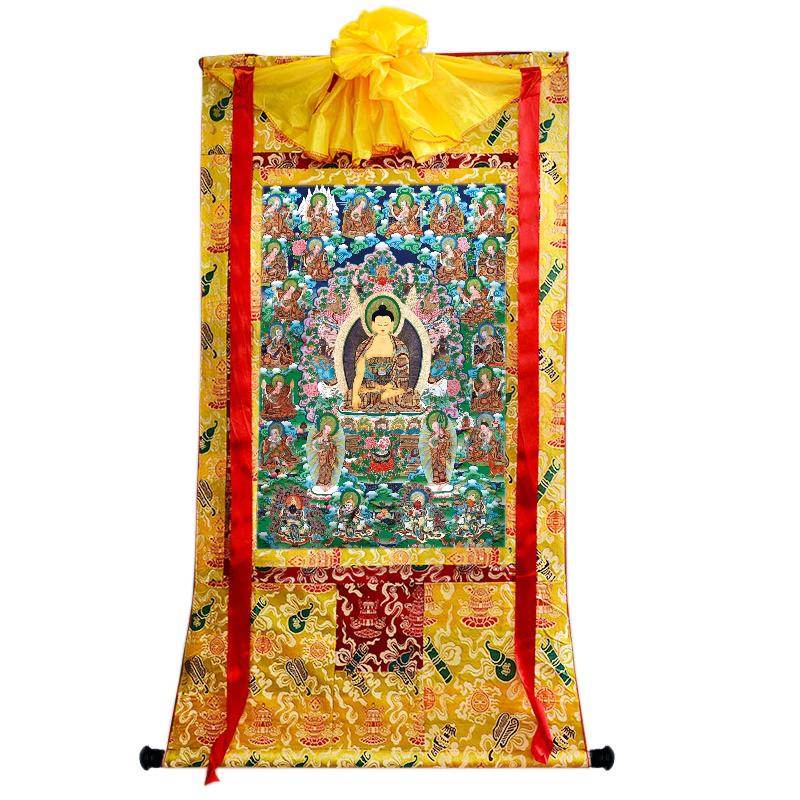Shakyamuni and Eighteen Arhats - Tibetan thangka painting, close-up detail