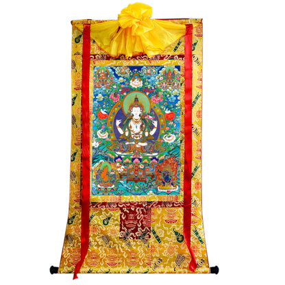 Gandhanra Tibetan Thangka Art - Chenrezig - Padmapani - from Kathok Monastery - Giclee Print with Mineral Pigments